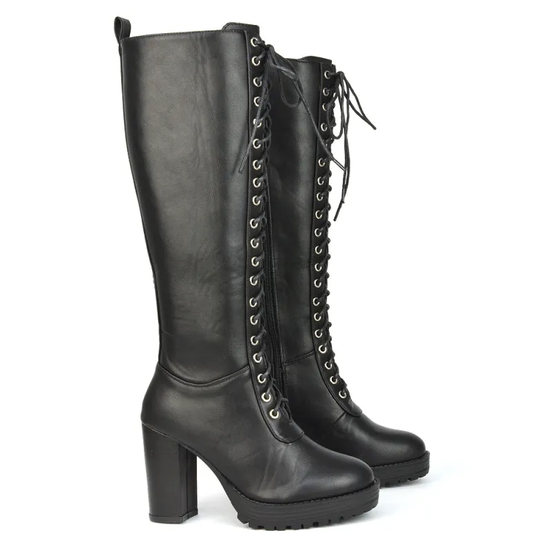 Ruthie Knee High Block Heel Lace Up Platform Boots in Black Synthetic Leather sold by XYlondon