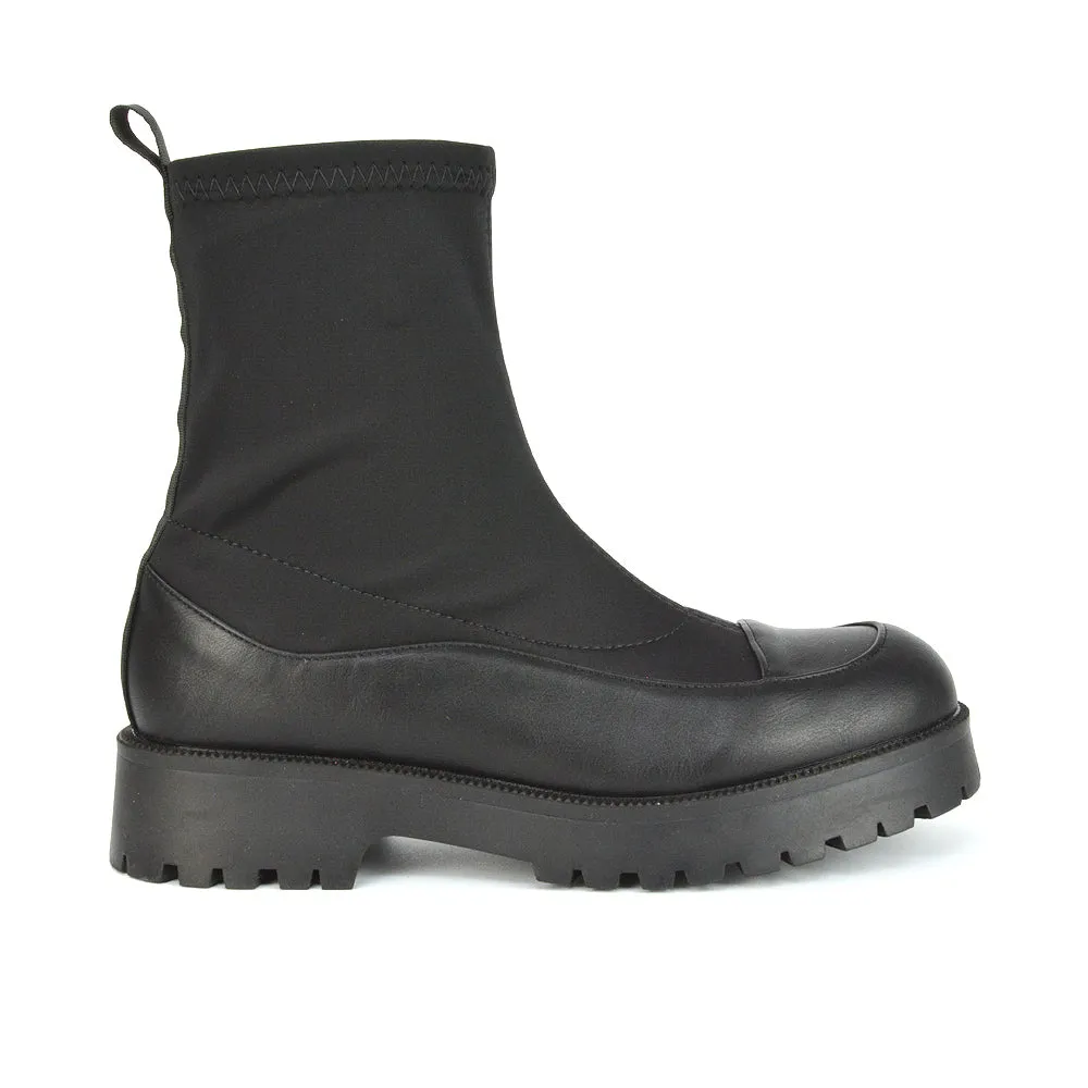 Kerry Chunky Sock Boots Ankle High Flat Biker Booties In Black Synthetic Leather sold by XYlondon product image thumbnail 3