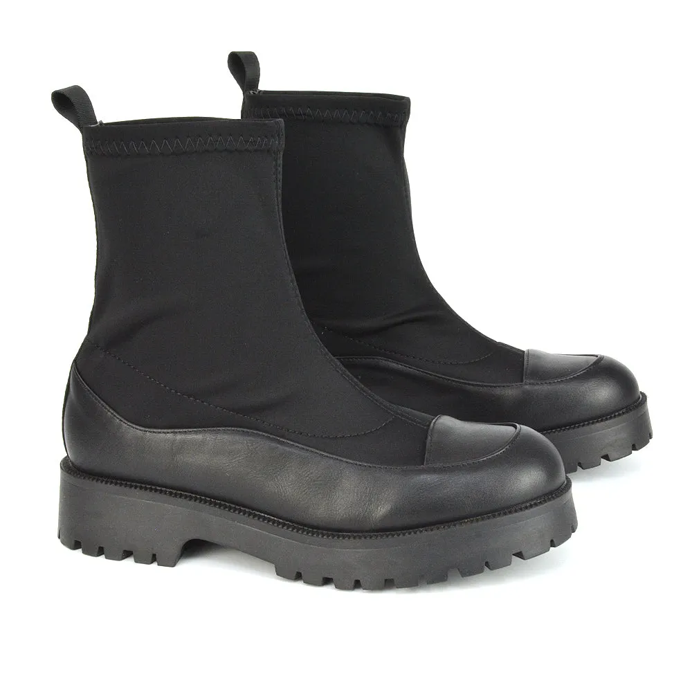 Kerry Chunky Sock Boots Ankle High Flat Biker Booties In Black Synthetic Leather sold by XYlondon product image thumbnail 4