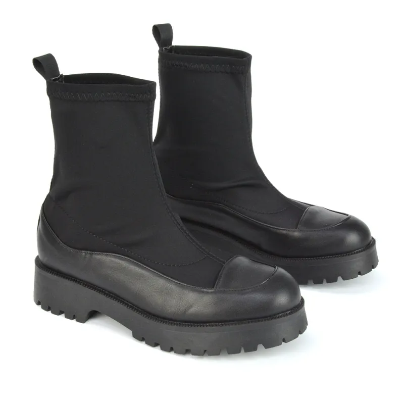 Kerry Chunky Sock Boots Ankle High Flat Biker Booties In Black Synthetic Leather sold by XYlondon
