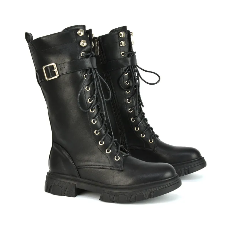 Lyla Mid Calf Lace Up Boots Flat Chunky Sole Biker In Black Synthetic Leather sold by XYlondon