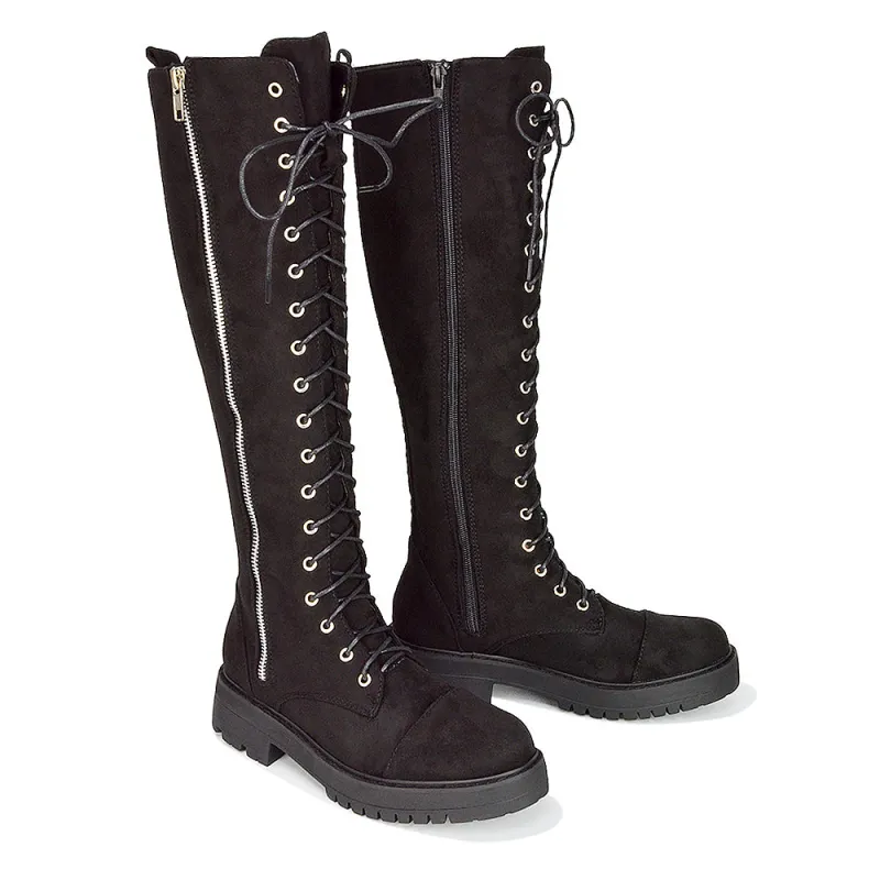 Ada Lace Up Knee High Boots Vegan Friendly With Deco Zip In Black Faux Suede sold by XYlondon