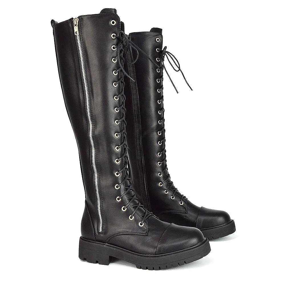 Ada Lace Up Knee High Boots Vegan Friendly With Deco Zip In Black Synthetic Leather sold by XYlondon