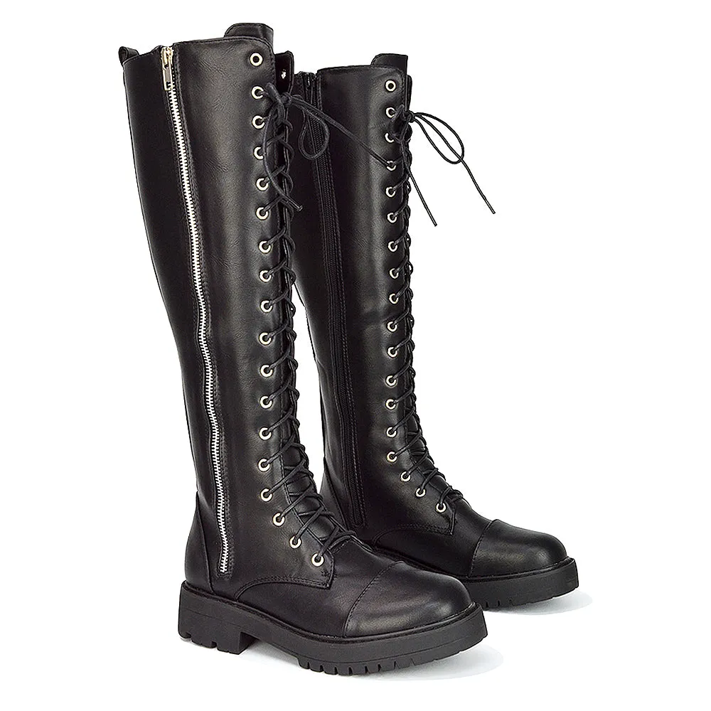 Ada Lace Up Knee High Boots Vegan Friendly With Deco Zip In Black Synthetic Leather sold by XYlondon product image thumbnail 4