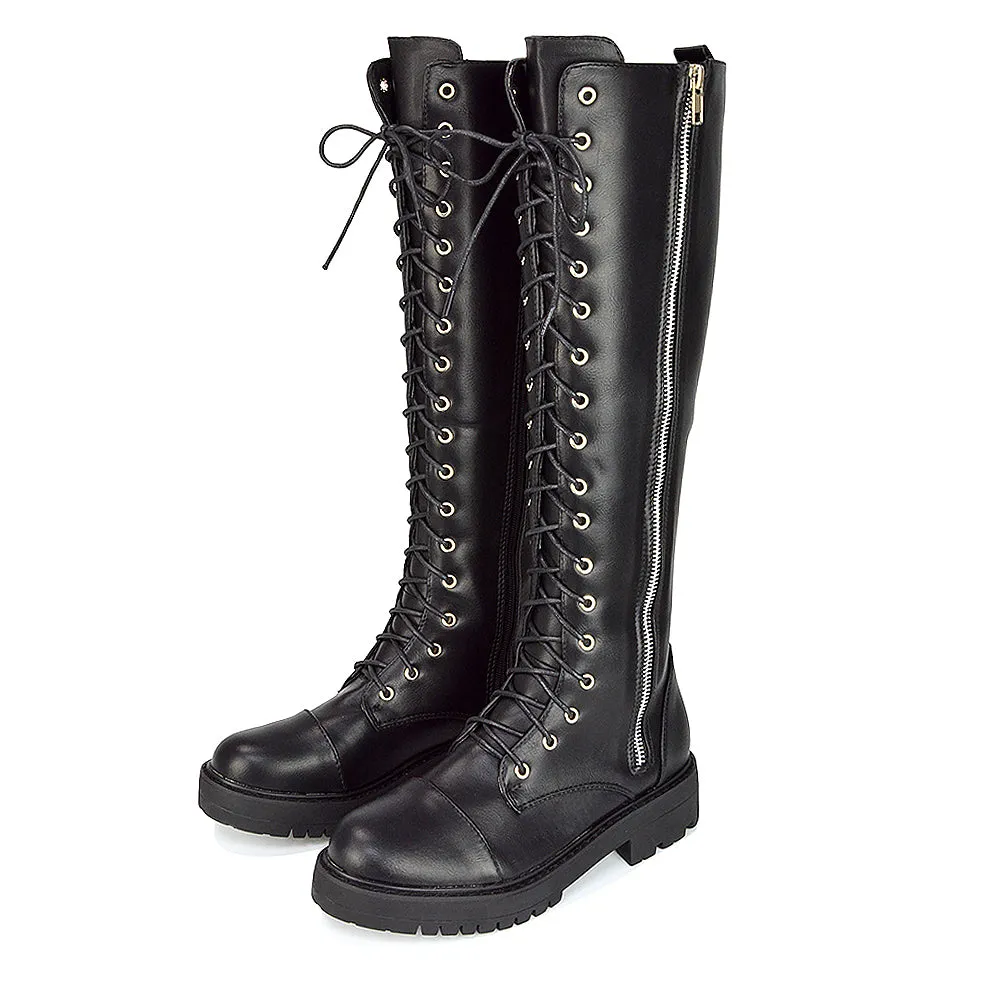 Ada Lace Up Knee High Boots Vegan Friendly With Deco Zip In Black Synthetic Leather sold by XYlondon product image thumbnail 5
