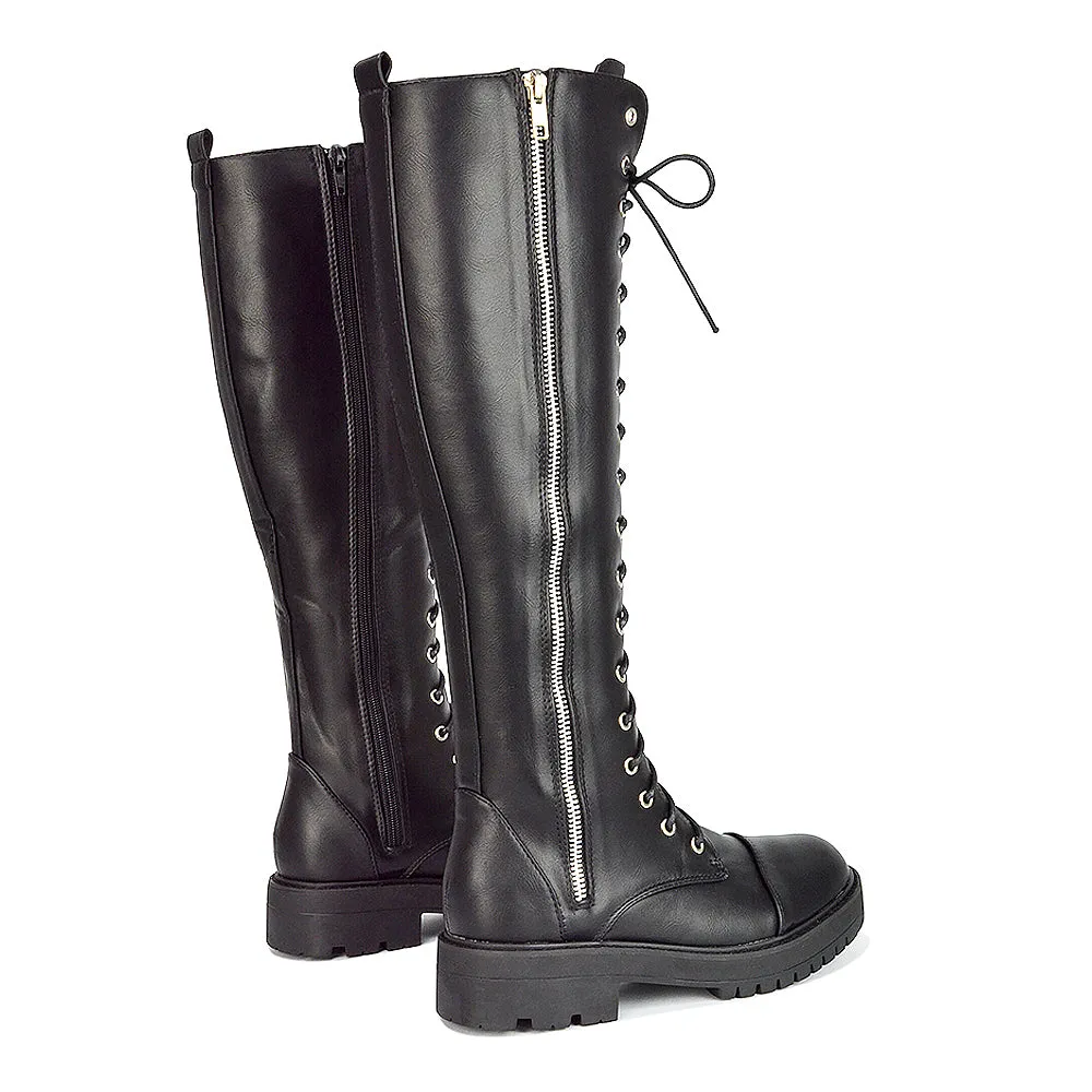 Ada Lace Up Knee High Boots Vegan Friendly With Deco Zip In Black Synthetic Leather sold by XYlondon product image thumbnail 2