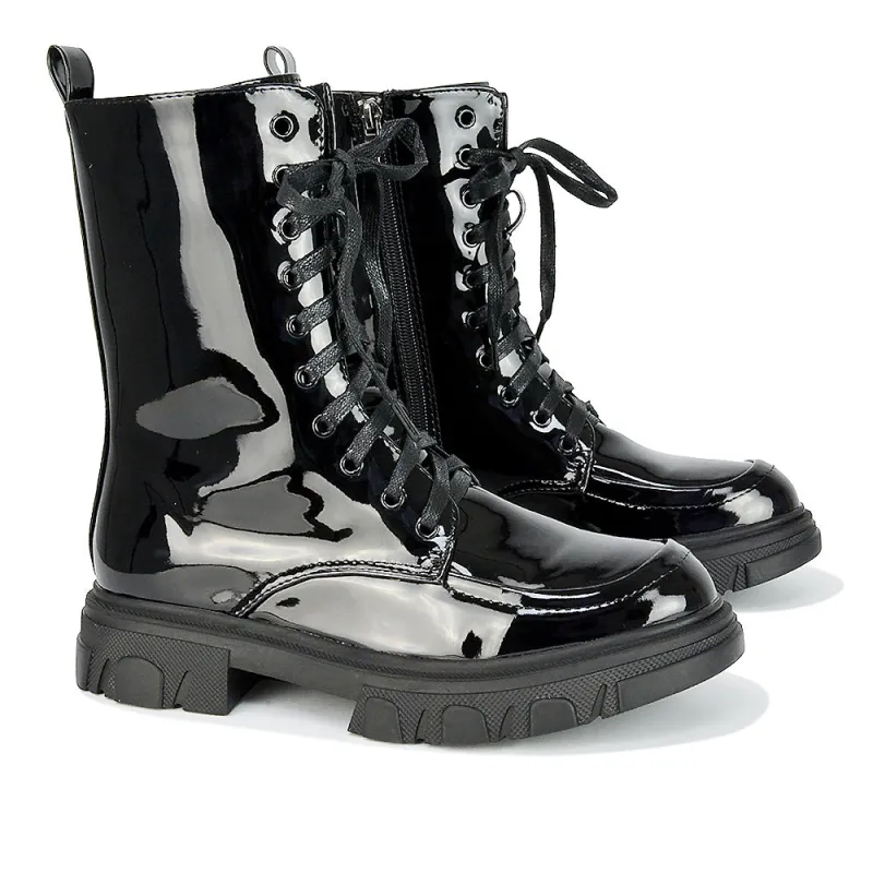 Myra Lace Up Biker Style Flat Combat Ankle Boots in Black Patent sold by XYlondon