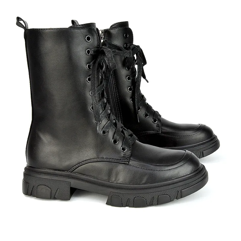 Myra Lace Up Biker Style Flat Combat Ankle Boots in Black Synthetic Leather sold by XYlondon