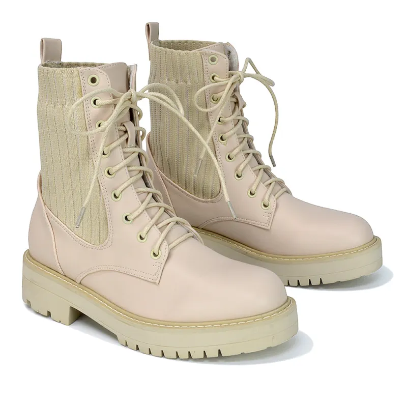 Fawn Lace up Flat Biker Ankle Combat Winter Boots in Stone Synthetic Leather sold by XYlondon