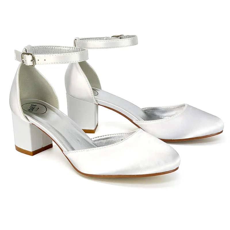 BILLIE-MAY CHUNKY STRAPPY MID BLOCK HIGH HEELS COURT SHOES IN WHITE sold by XYlondon