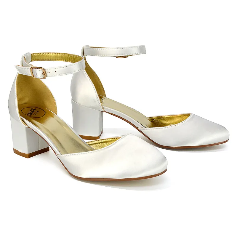Billie May Womens Chunky Strappy Mid Block Heels Fashion Court Shoes IN IVORY sold by XYlondon