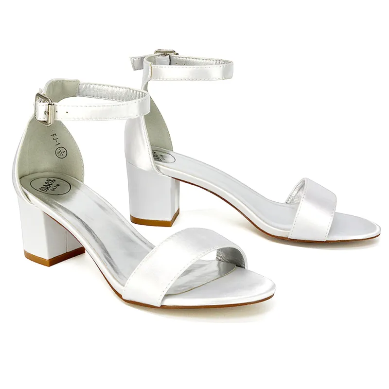 RITA BUCKLE UP ANKLE STRAP LOW MID-BLOCK HIGH HEEL SANDALS IN WHITE SATIN sold by XYlondon