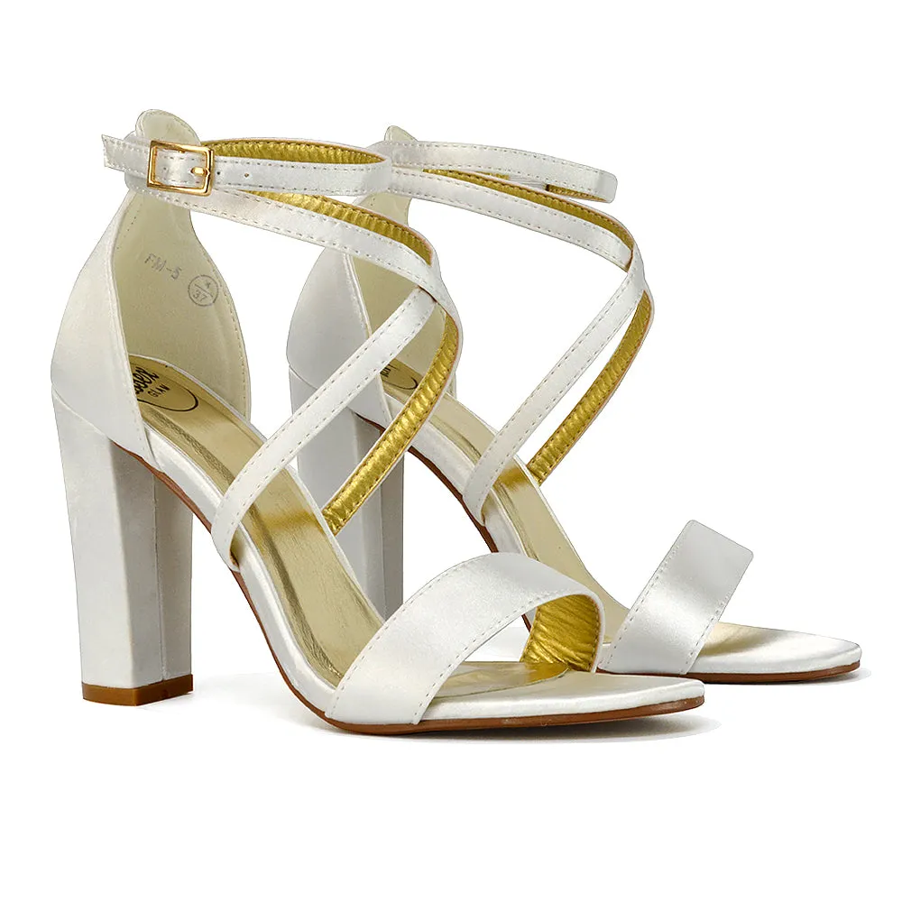 Briella Womens Cross Over Buckle Strap Block High Heel Sandals IN IVORY SATIN sold by XYlondon product image thumbnail 4