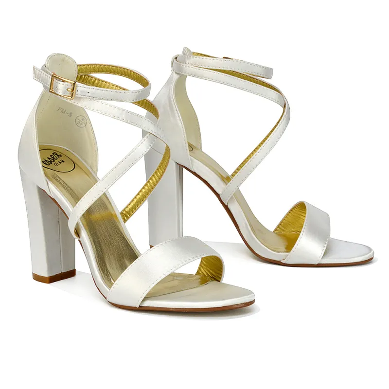 Briella Womens Cross Over Buckle Strap Block High Heel Sandals IN IVORY SATIN sold by XYlondon