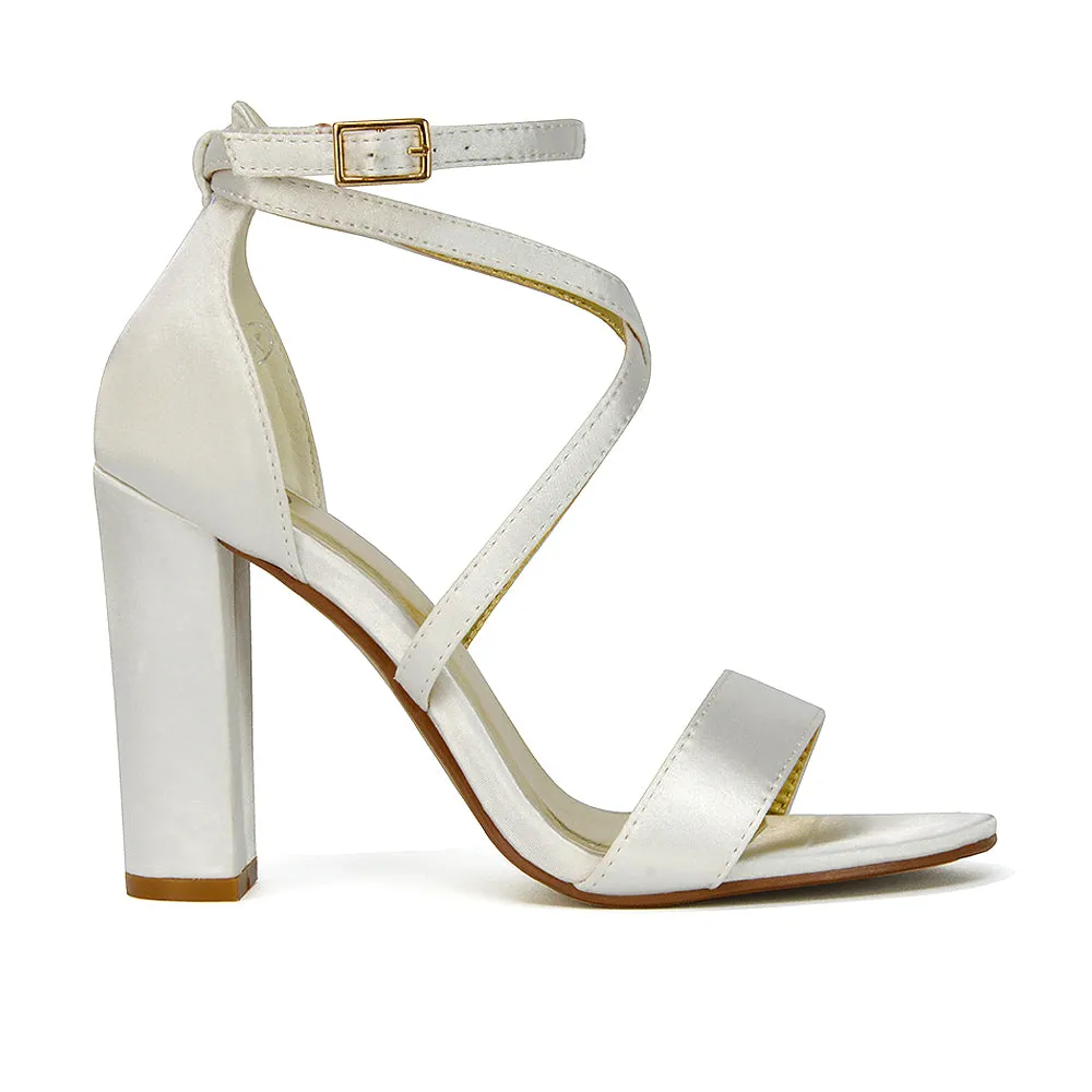 Briella Womens Cross Over Buckle Strap Block High Heel Sandals IN IVORY SATIN sold by XYlondon product image thumbnail 3