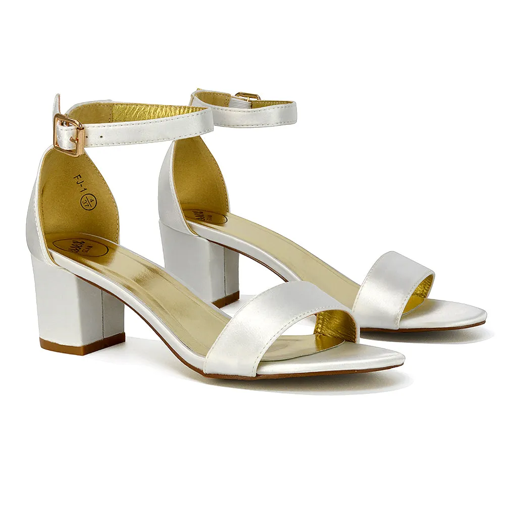 RITA BUCKLE UP ANKLE STRAP LOW MID-BLOCK HIGH HEEL SANDALS IN IVORY SATIN sold by XYlondon product image thumbnail 4