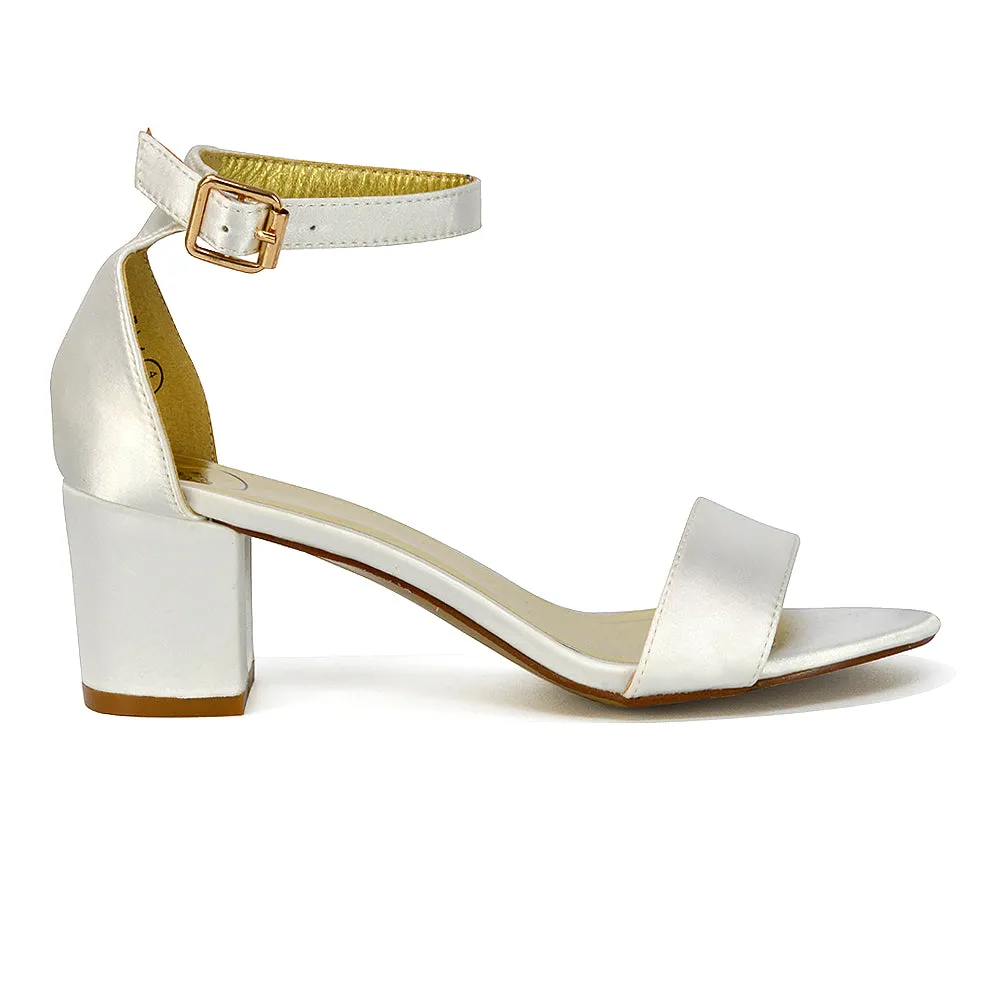RITA BUCKLE UP ANKLE STRAP LOW MID-BLOCK HIGH HEEL SANDALS IN IVORY SATIN sold by XYlondon product image thumbnail 3