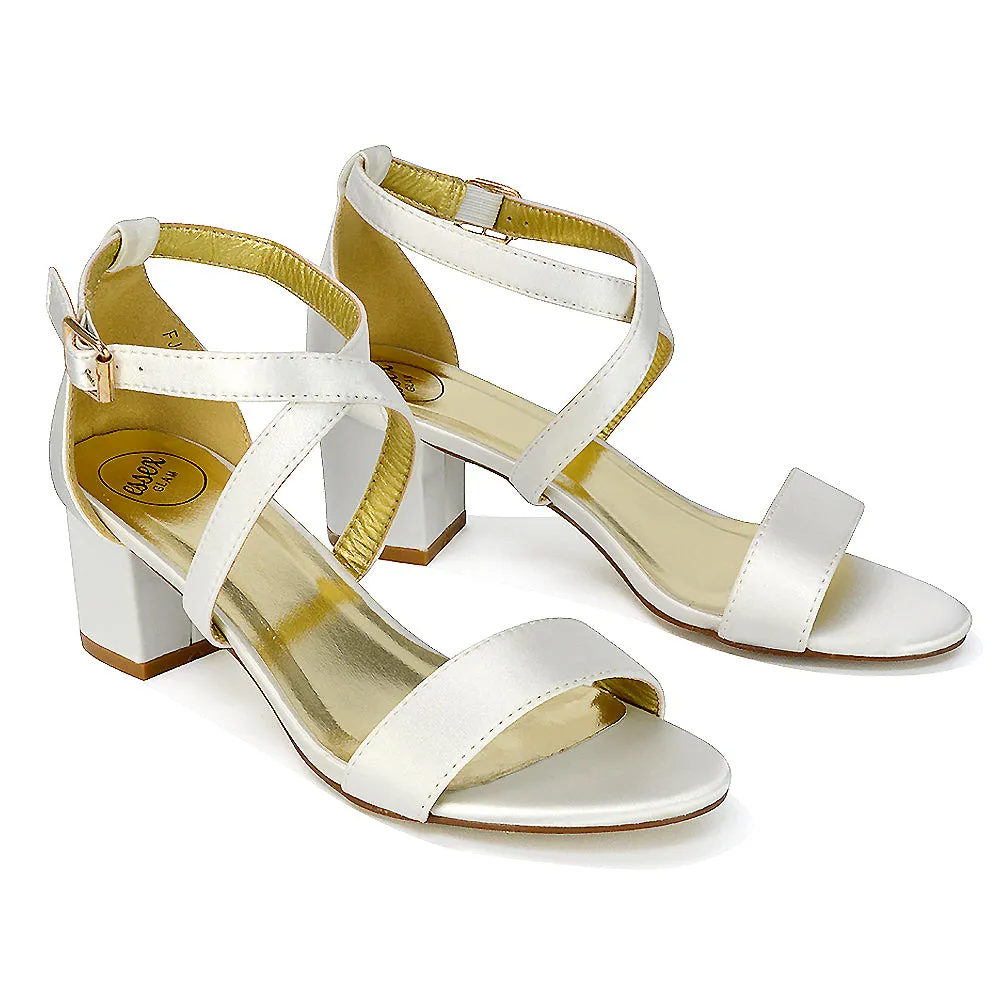 Jordyn Womens Cross Over Buckle Strap Low Chunky Block Heels IN IVORY SATIN sold by XYlondon