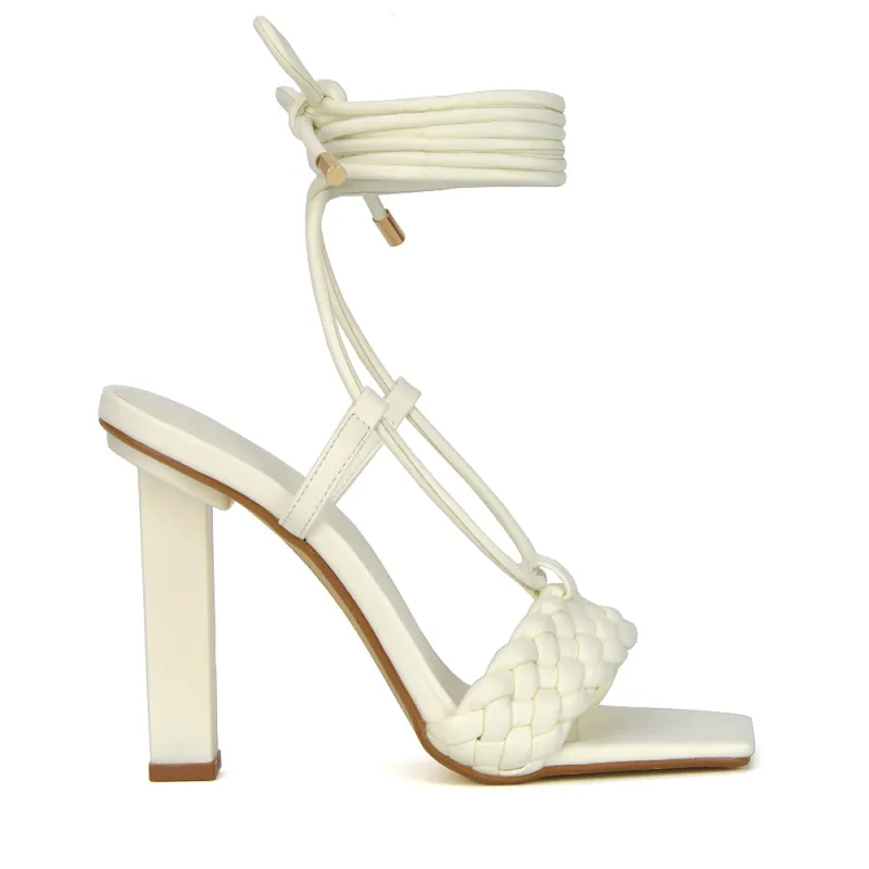 Mira Womens Woven Strap Lace Up Strappy Block Square Toe Heels in White Synthetic Leather sold by XYlondon