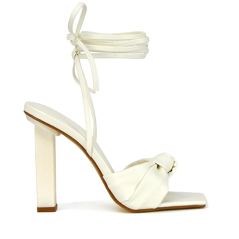 Evelyn Womens Knot Detail Strappy Lace Up Square Toe Block Heel Sandals in White Synthetic Leather made by XYlondon