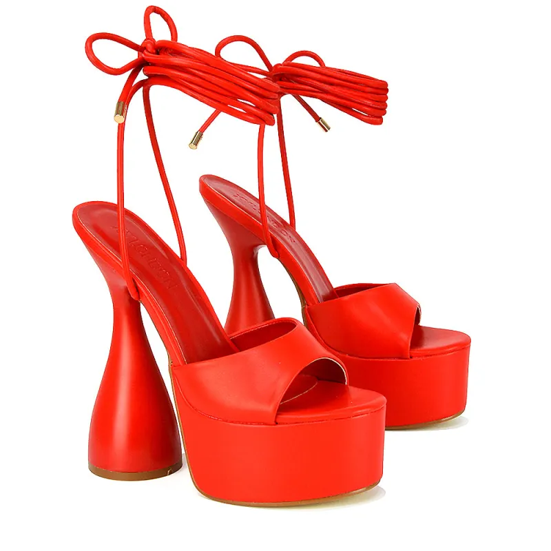 Celeste Lace Up Peep Toe Platform Sculptured Cylinder High Heel Sandals in Red Synthetic Leather made by XYlondon