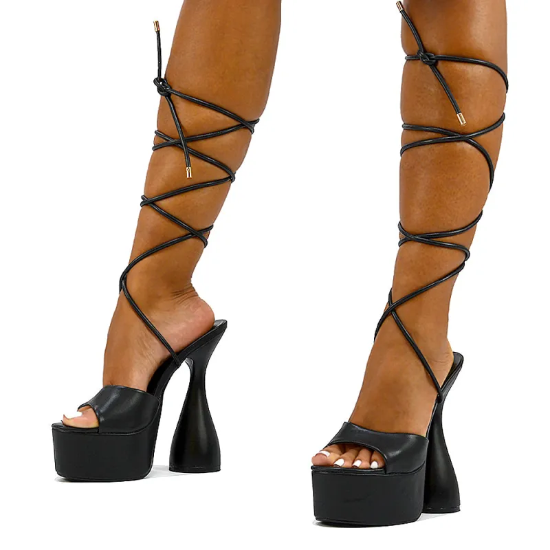 Celeste Lace Up Peep Toe Platform Sculptured Cylinder High Heel Sandals in Black Synthetic Leather sold by XYlondon