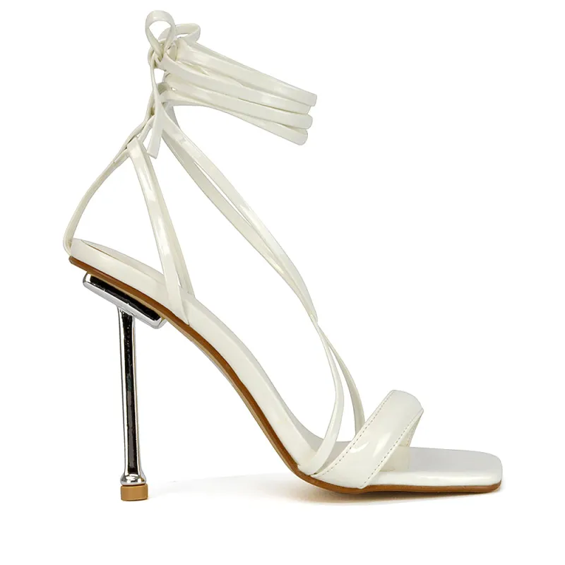Rayne Square Toe Lace Up Strappy Metallic Stiletto High Heel Sandals in White Patent sold by XYlondon