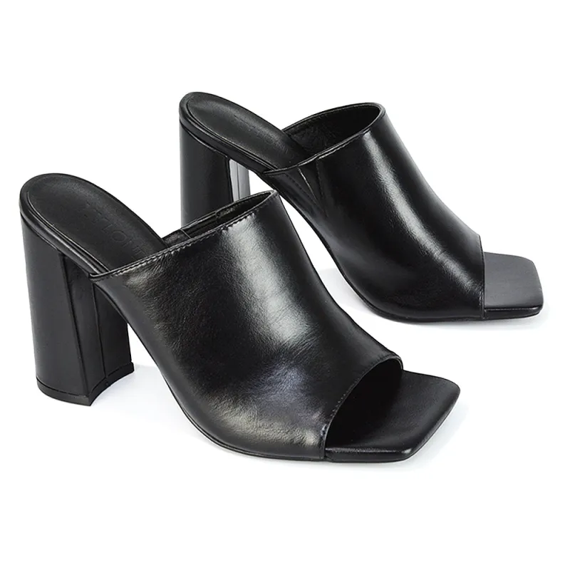 Sunday Square Toe Block High Heel Mule Peep Toe Sandals in Black Synthetic Leather sold by XYlondon