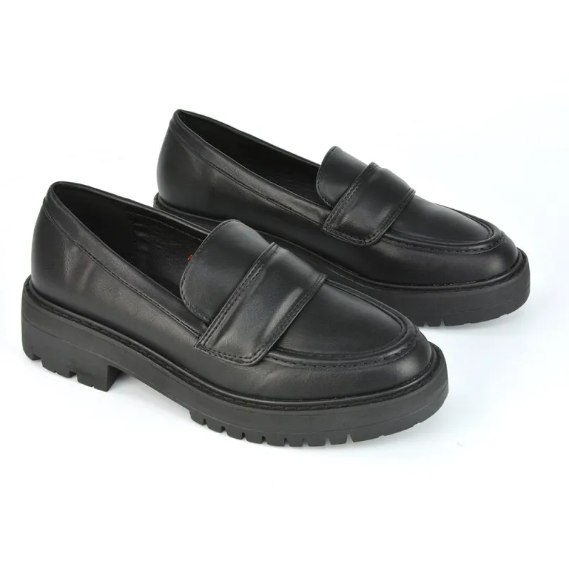 Kourtney Chunky Sole Slip on School Shoes Smart Flat Loafers in Black Synthetic Leather sold by XYlondon
