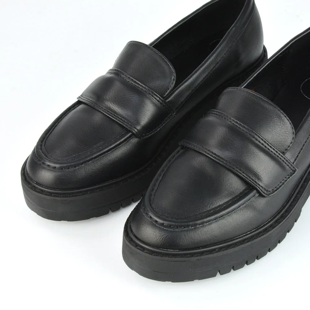 Kourtney Chunky Sole Slip on School Shoes Smart Flat Loafers in Black Synthetic Leather sold by XYlondon product image thumbnail 3