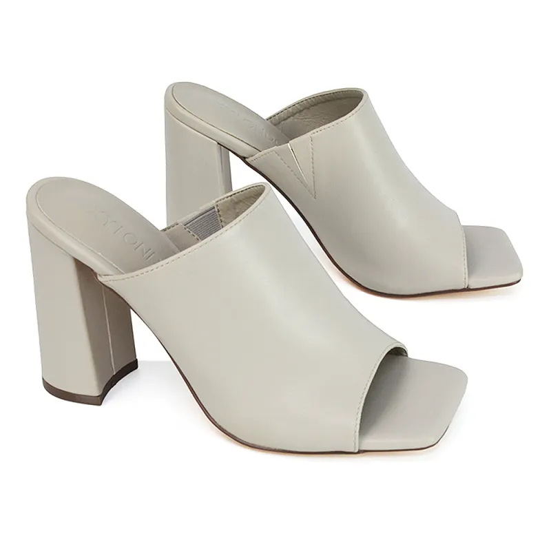 Sunday Square Toe Block High Heel Mule Peep Toe Sandals in Stone Synthetic Leather sold by XYlondon