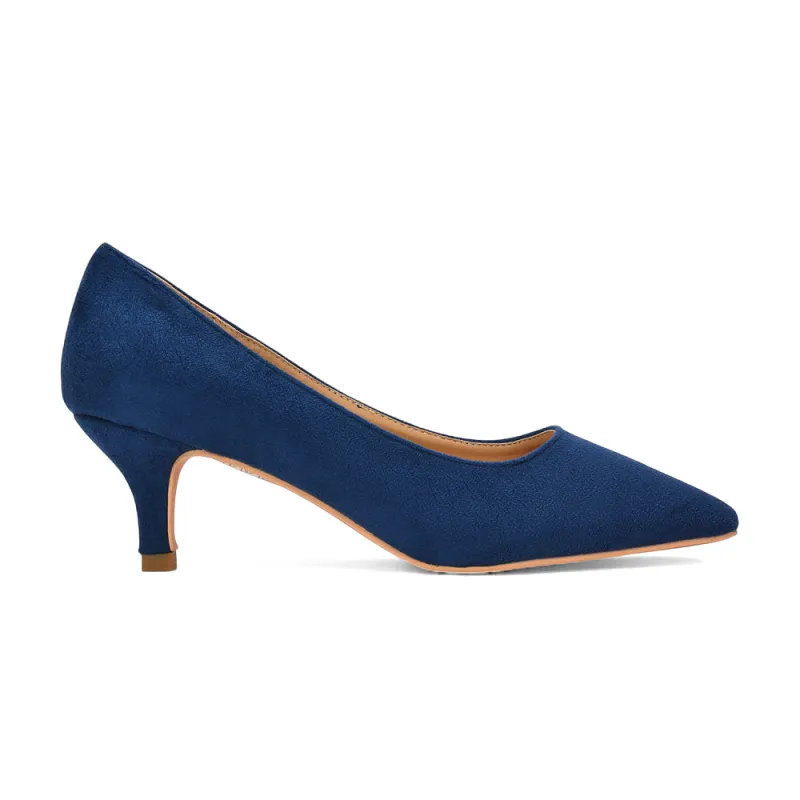 Audrey Kitten Heel Pointed Toe Court Shoes in Navy Faux Suede made by XYlondon