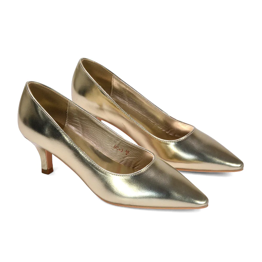 Audrey Kitten Heel Pointed Toe Court Shoes in Gold Metallic sold by XYlondon product image thumbnail 3
