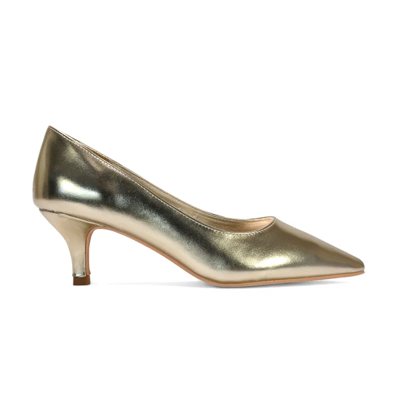 Audrey Kitten Heel Pointed Toe Court Shoes in Gold Metallic sold by XYlondon