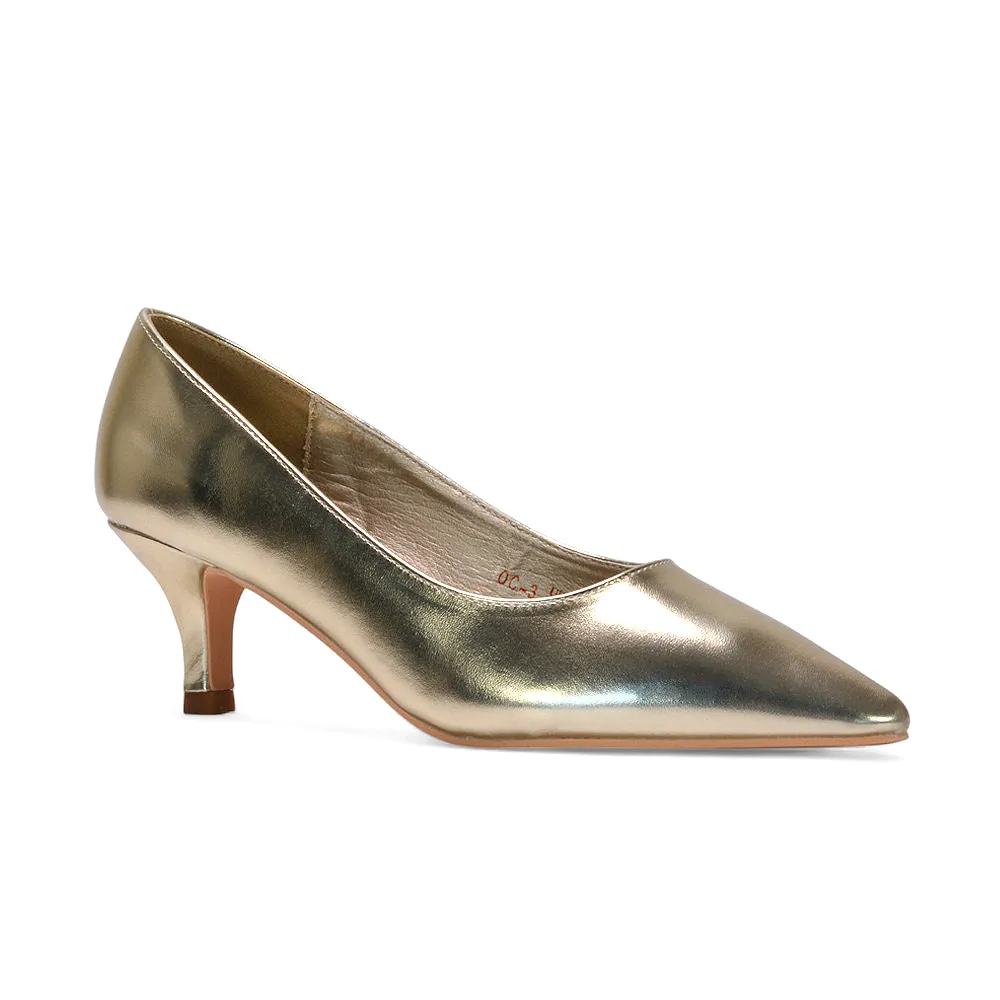 Audrey Kitten Heel Pointed Toe Court Shoes in Gold Metallic sold by XYlondon product image thumbnail 4