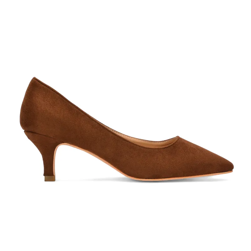 Audrey Kitten Heel Pointed Toe Court Shoes in Brown Faux Suede made by XYlondon