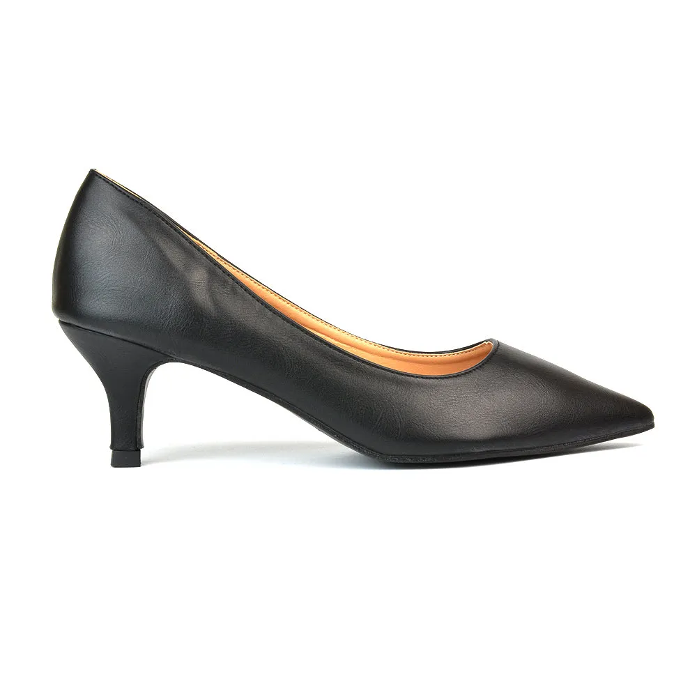 Audrey Kitten Heel Pointed Toe Court Shoes in Black Synthetic Leather sold by XYlondon