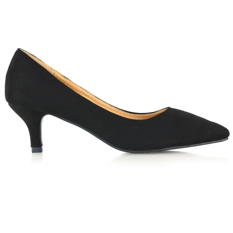 Audrey Kitten Heel Pointed Toe Court Shoes in Black Faux Suede made by XYlondon