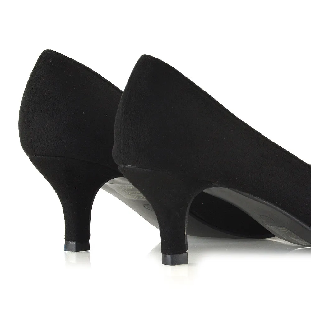 Audrey Kitten Heel Pointed Toe Court Shoes in Black Faux Suede sold by XYlondon product image thumbnail 3