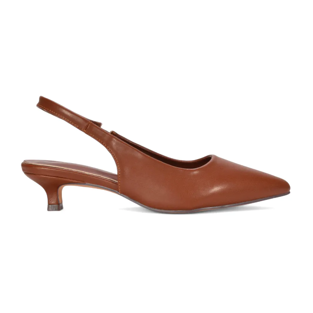 Morgan Pointed Toe Slingback Kitten Heel Court Shoes in Brown Synthetic Leather sold by XYlondon product image thumbnail 4