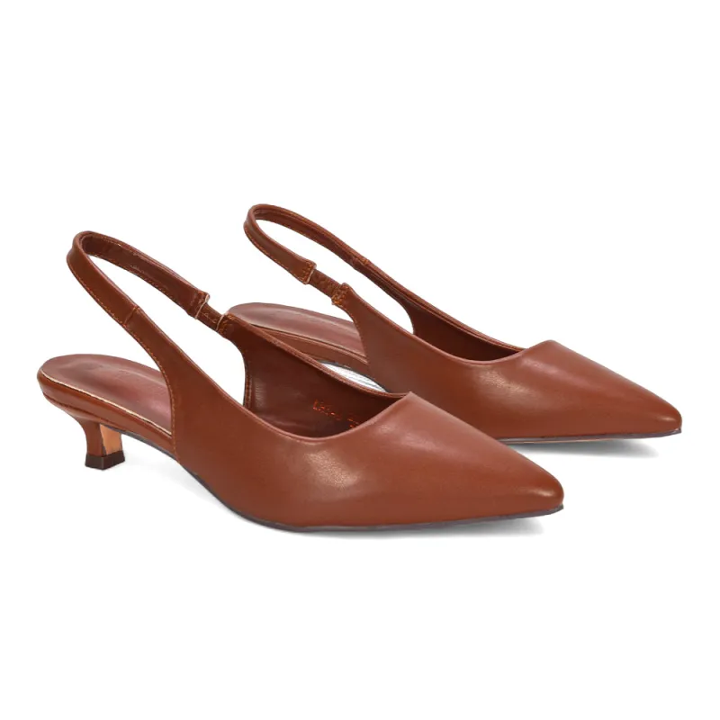 Morgan Pointed Toe Slingback Kitten Heel Court Shoes in Brown Synthetic Leather sold by XYlondon