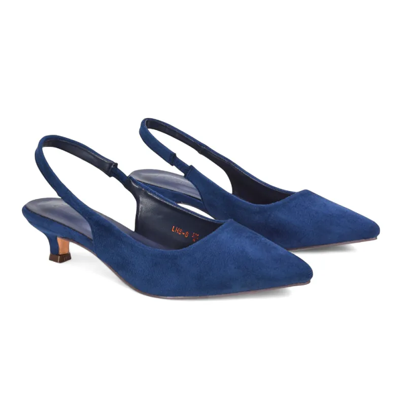 Morgan Pointed Toe Slingback Kitten Heel Court Shoes in Navy Faux Suede sold by XYlondon