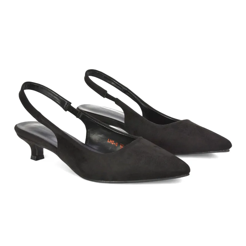 Morgan Pointed Toe Slingback Kitten Heel Court Shoes in Black Faux Suede sold by XYlondon