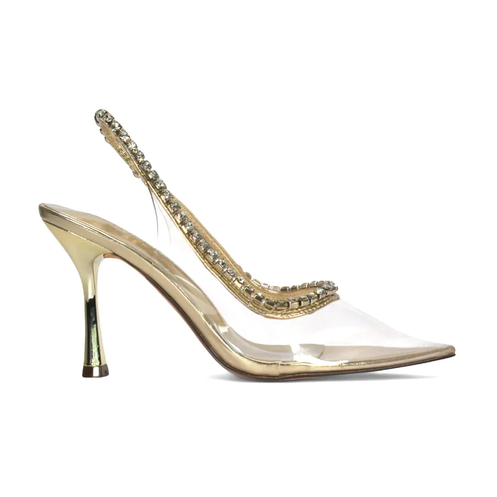 Chloe Rhinestone Slingback Strappy Perspex Stiletto Party Heels Court Shoes in Gold Metallic sold by XYlondon product image thumbnail 2