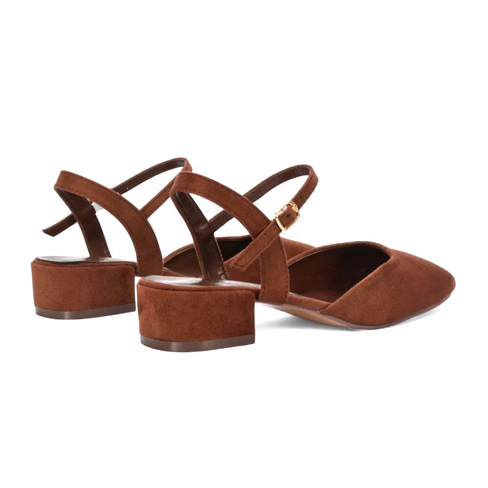 Alisia Ankle Strappy Low Block Heel Sandals Court Shoes in Brown Faux Suede sold by XYlondon product image thumbnail 4