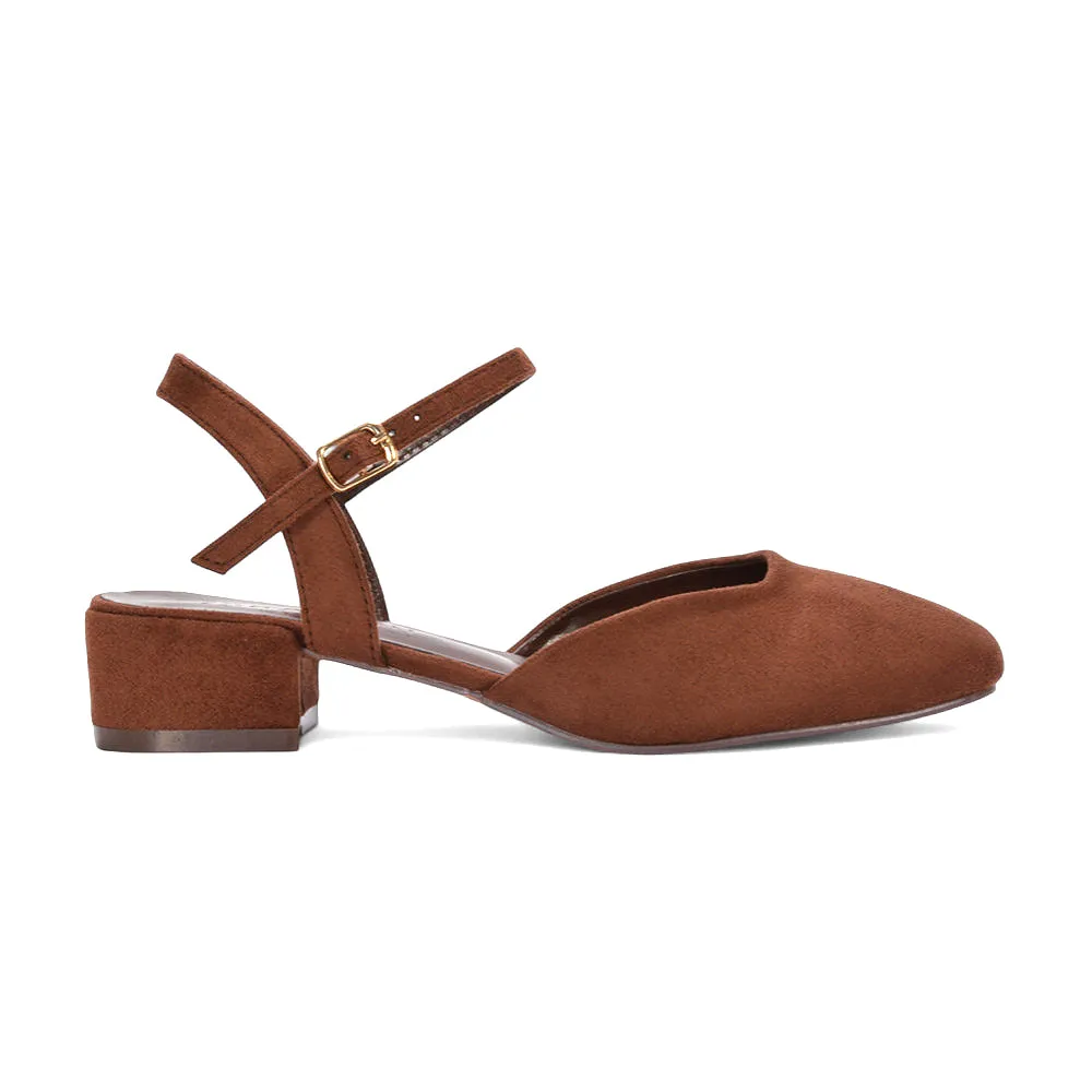 Alisia Ankle Strappy Low Block Heel Sandals Court Shoes in Brown Faux Suede sold by XYlondon product image thumbnail 2