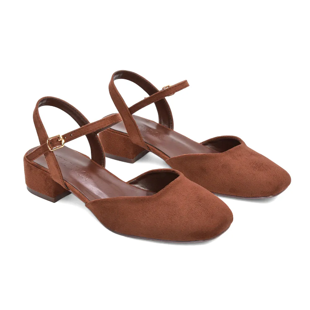 Alisia Ankle Strappy Low Block Heel Sandals Court Shoes in Brown Faux Suede sold by XYlondon product image thumbnail 5