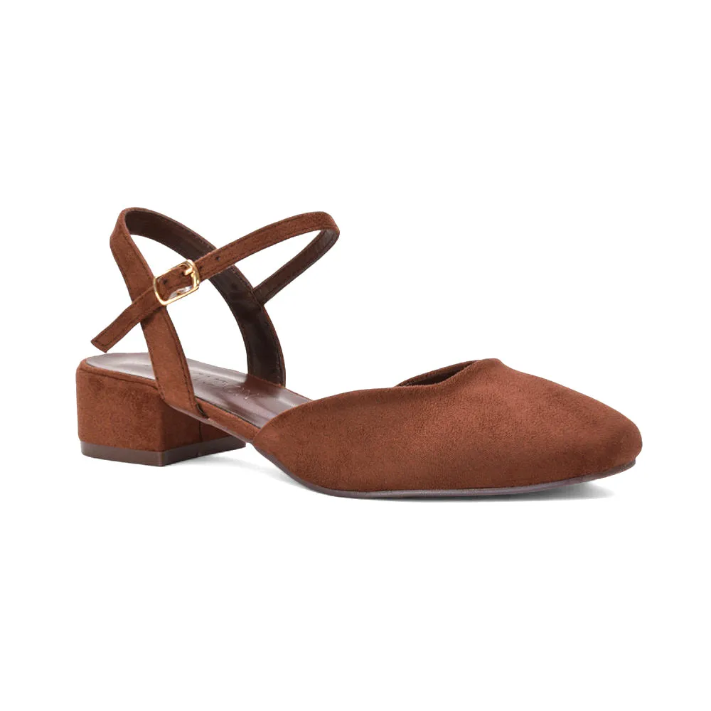 Alisia Ankle Strappy Low Block Heel Sandals Court Shoes in Brown Faux Suede sold by XYlondon product image thumbnail 3