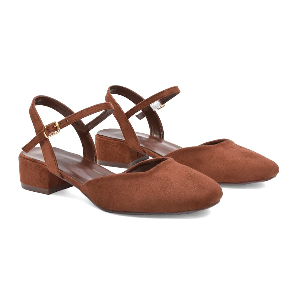 Alisia Ankle Strappy Low Block Heel Sandals Court Shoes in Brown Faux Suede sold by XYlondon