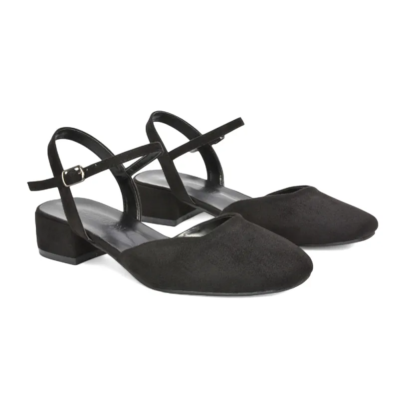 Alisia Ankle Strappy Low Block Heel Sandals Court Shoes in Black Faux Suede sold by XYlondon